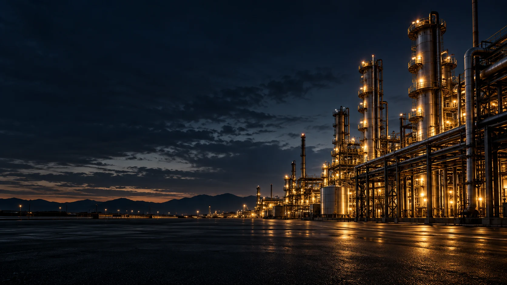 Illustrative refinery towers illuminated in amber at dusk